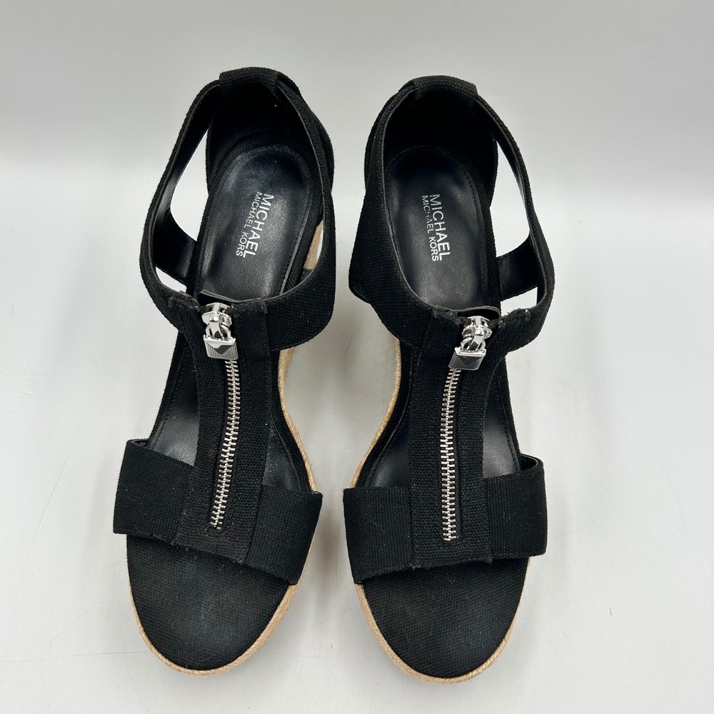 Michael Kors Wedge Sandals Black Womens 10.5 Canvas Espadrille Zipper EUC - Picture 4 of 8